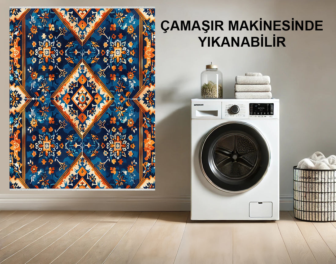 Cesur Geometrik Halı - Makinede Yıkanabilir, Kaymaz Lacivert ve Turuncu