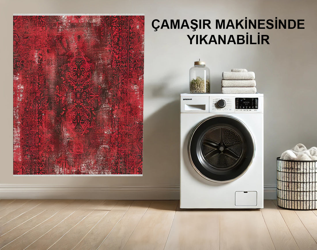 Cesur Kırmızı Eskitilmiş Damask Halı - Makinede Yıkanabilir; Kaymaz; Eski Görünümlü Halı