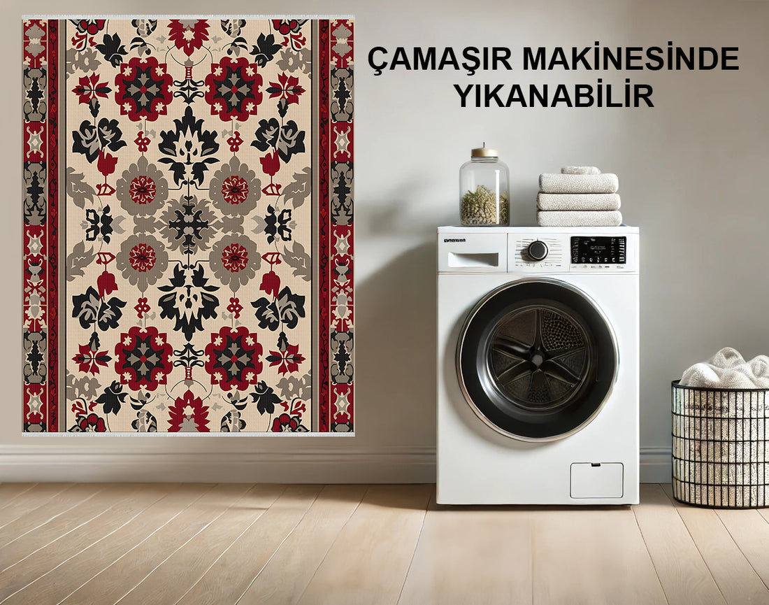 Çiçek Desenli Oryantal Halı - Makinede Yıkanabilir, Kaymaz Kırmızı ve Siyah