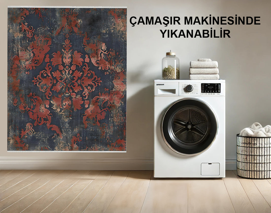 Damask Sıkıntılı Çiçekli, Mavi - Kırmızı, Bakımı Kolay Halı