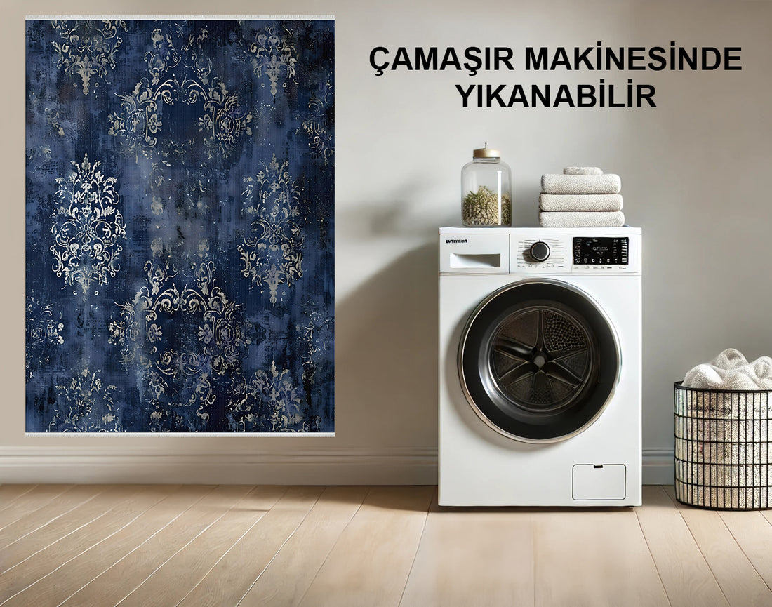 Vintage Madalyon Damask Halı - Lacivert ve Gümüş