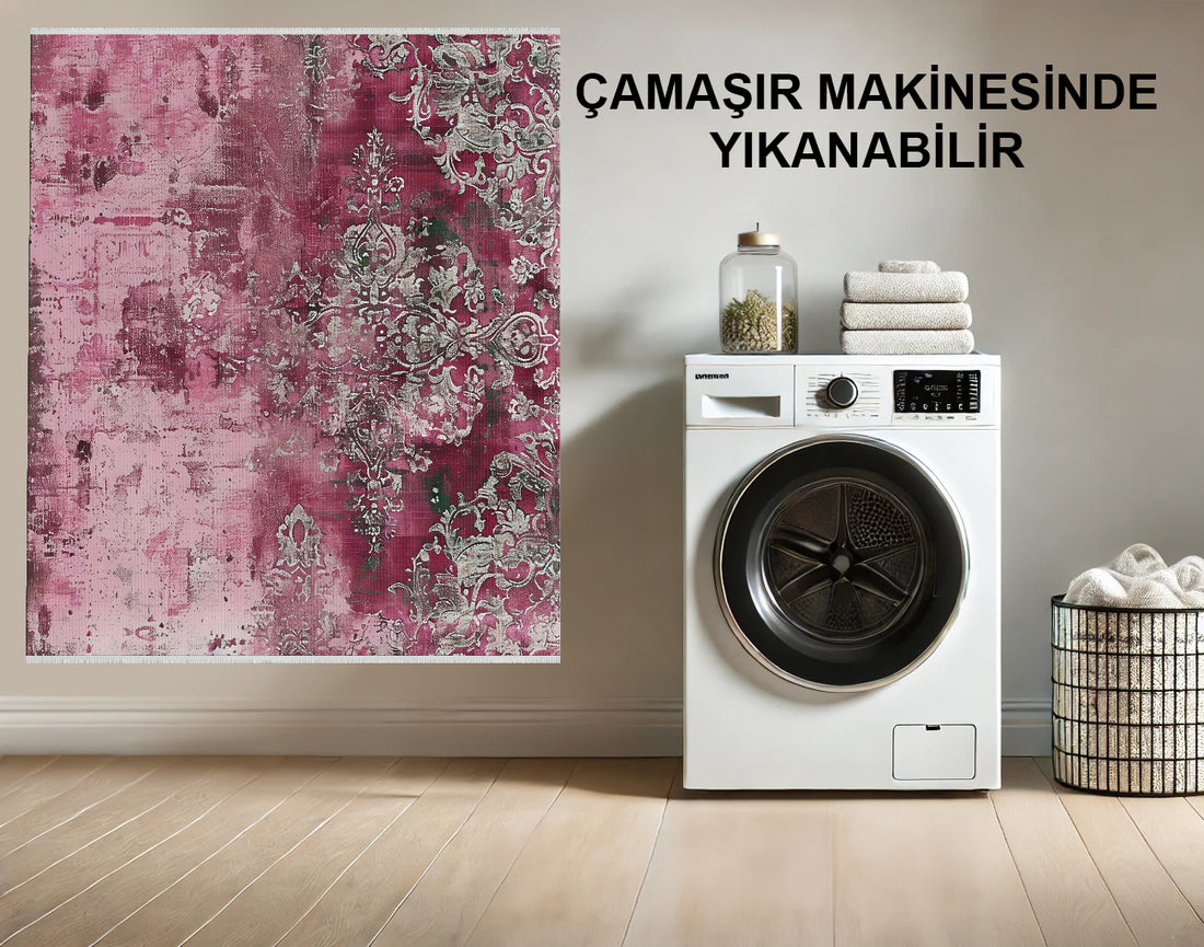 Vintage Eskitilmiş Damask Halı - Pembe ve Bordo - Leke Tutmaz