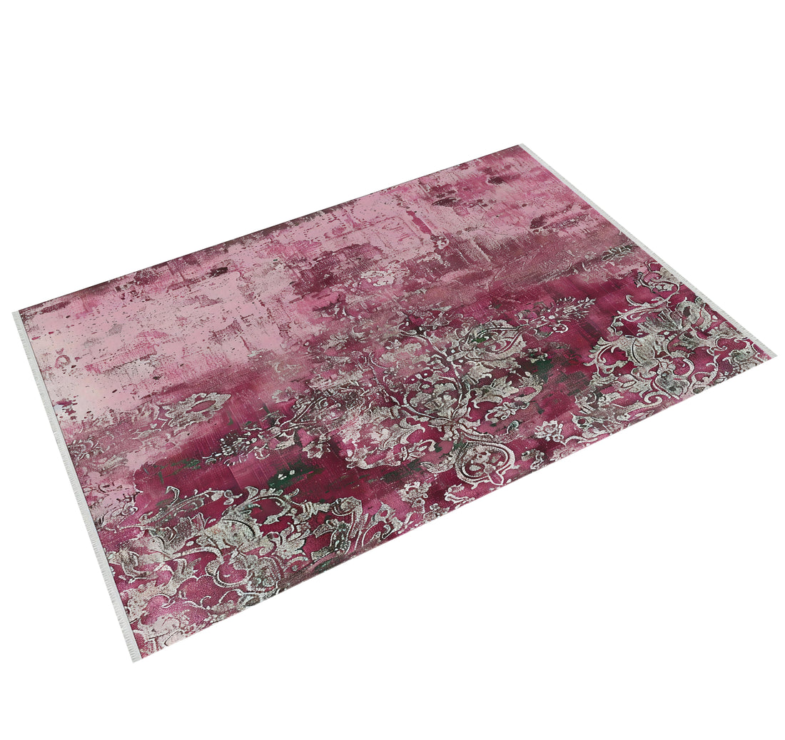 Vintage Eskitilmiş Damask Halı - Pembe ve Bordo - Leke Tutmaz