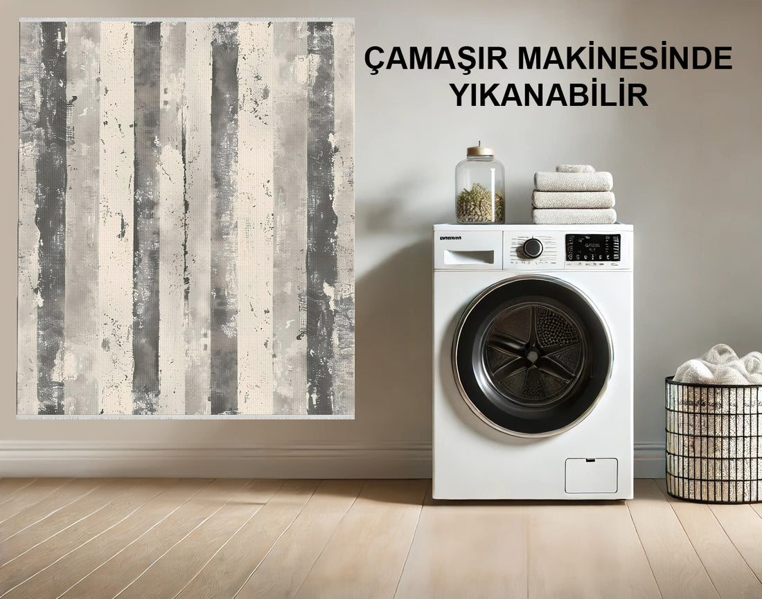 Minimalist Çizgili Halı - Nötr Gri ve Bej - Leke Tutmaz, Kaymaz Alt Yüzey