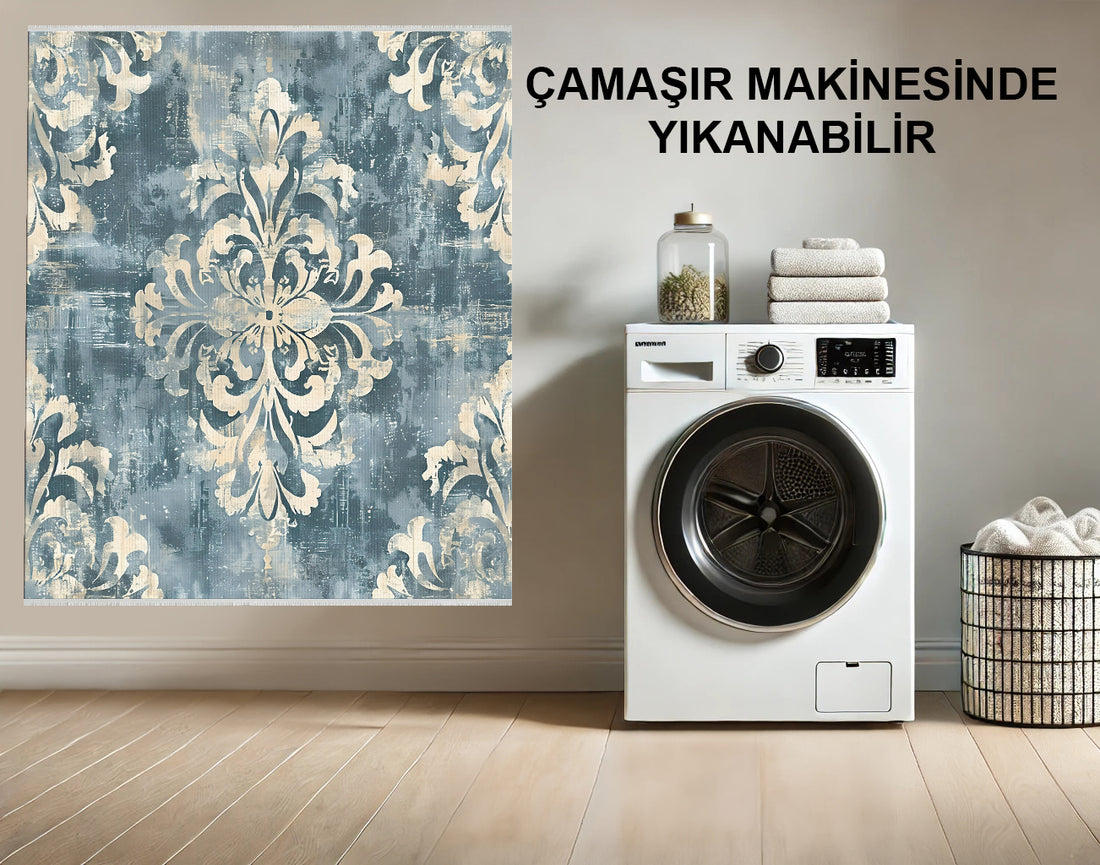 Makinede Yıkanabilir Damask Turkuaz ve Krem Halı