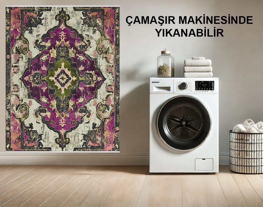 Makinede Yıkanabilir Vintage Çiçekli Madalyon Pamuk Halı