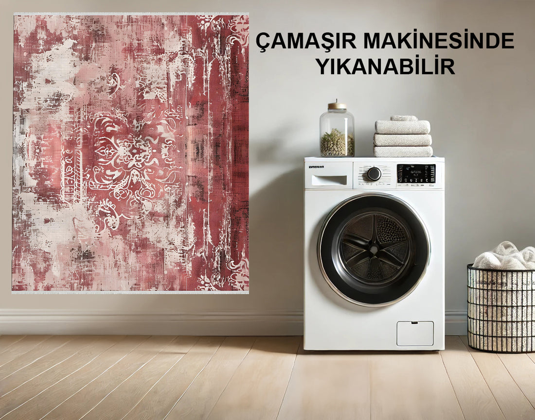 Vintage Eskitilmiş Damask Halı - Kırmızı ve Bej - Solmaya Dayanıklı, Kaymayan Arka Yüzey