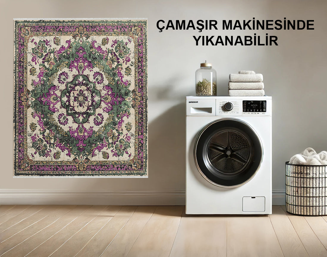 Süslü Bahçe Yıkanabilir Vintage Desenli Pamuk Halı