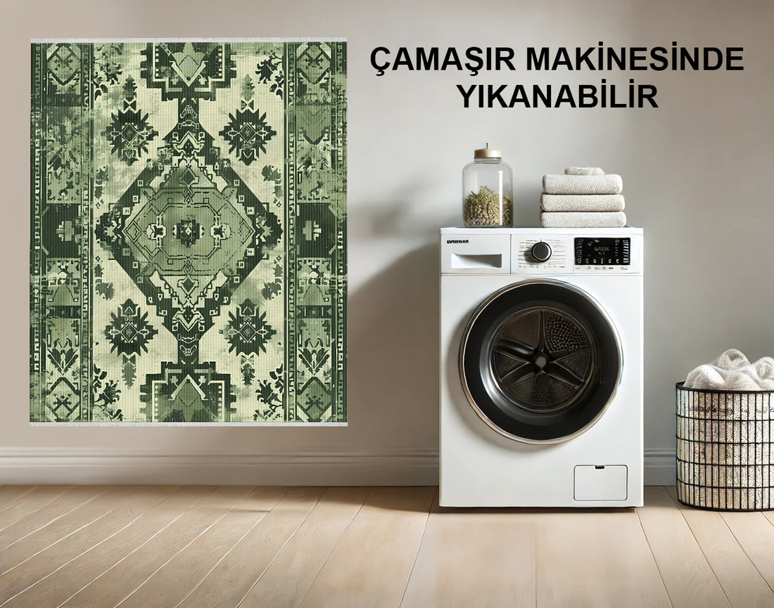 Detaylı Çiçekli Patchwork Halı - Yeşil, Kırmızı ve Bej - Canlı Doğa İlhamlı Tasarım