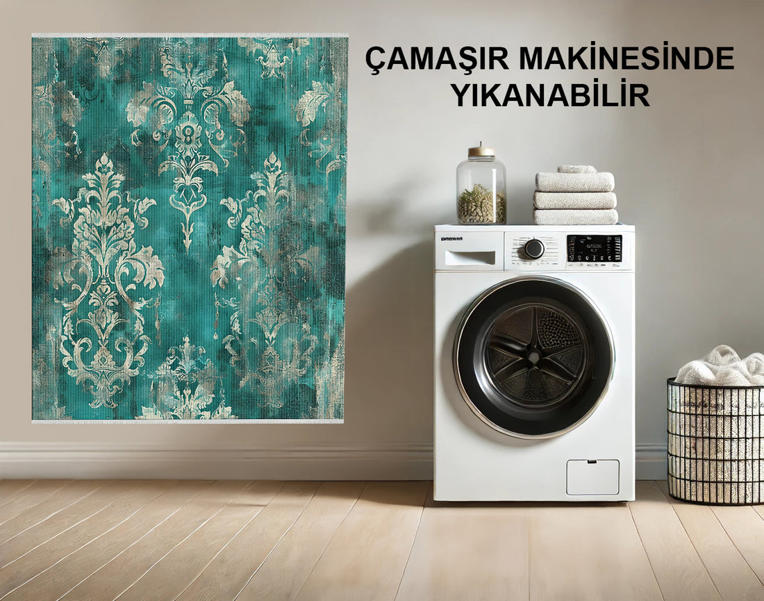 Makinede Yıkanabilir Damask Halı Turkuaz ve Bej - Kaymaz, Kolay Temizlenir