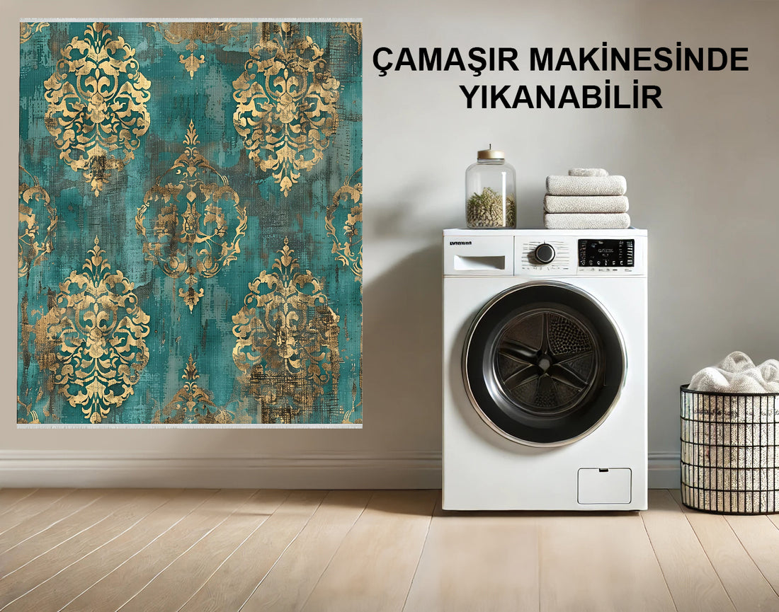 Vintage Damask Halı - Turkuaz ve Sarı - Kaymaz, Solmaya Dayanıklı