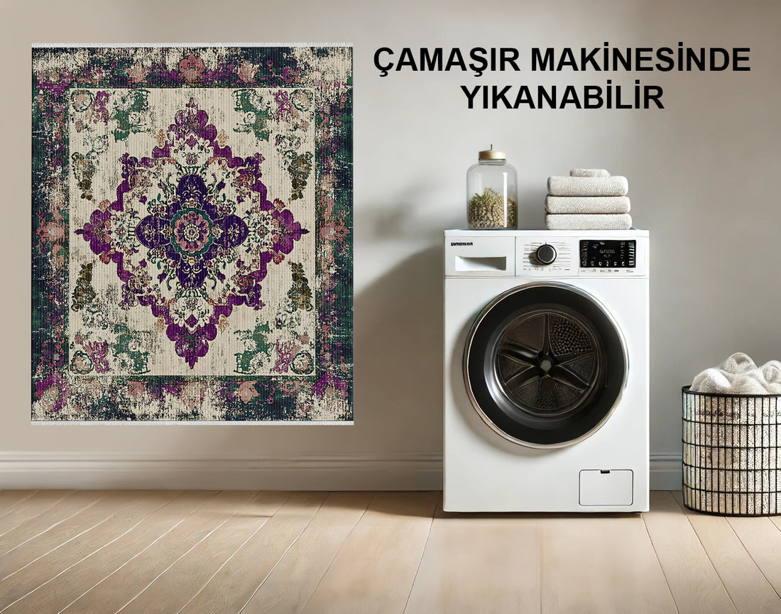 Yeşil ve Mor Eskitilmiş Pers Yıkanabilir Halı