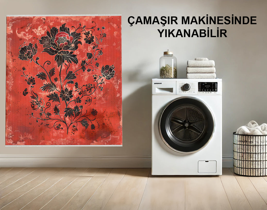 Kırmızı Çiçek Desenli Makinede Yıkanabilir Halı