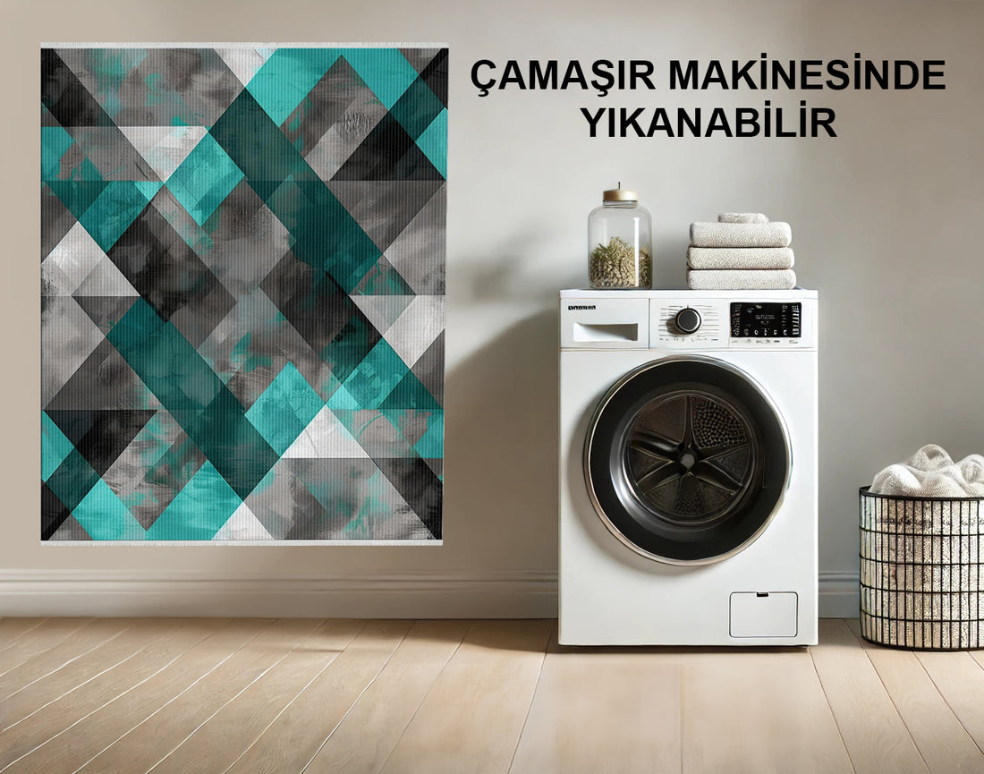 Makinede Yıkanabilir Geometrik Desenli Halı Turkuaz-Gri - Kaymaz, Kolay Temizlenir