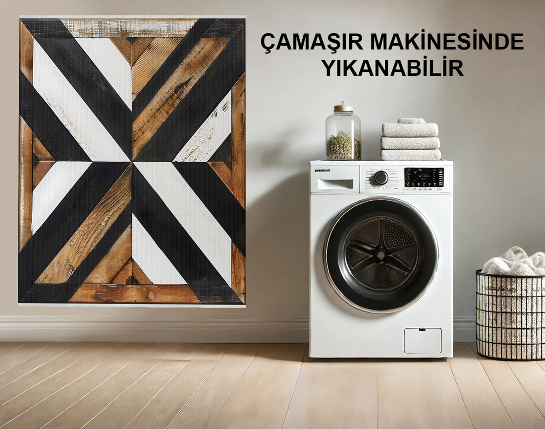 Siyah ve Ahşap Tonlarında Rustik Ve Geometrik Desenli Halı