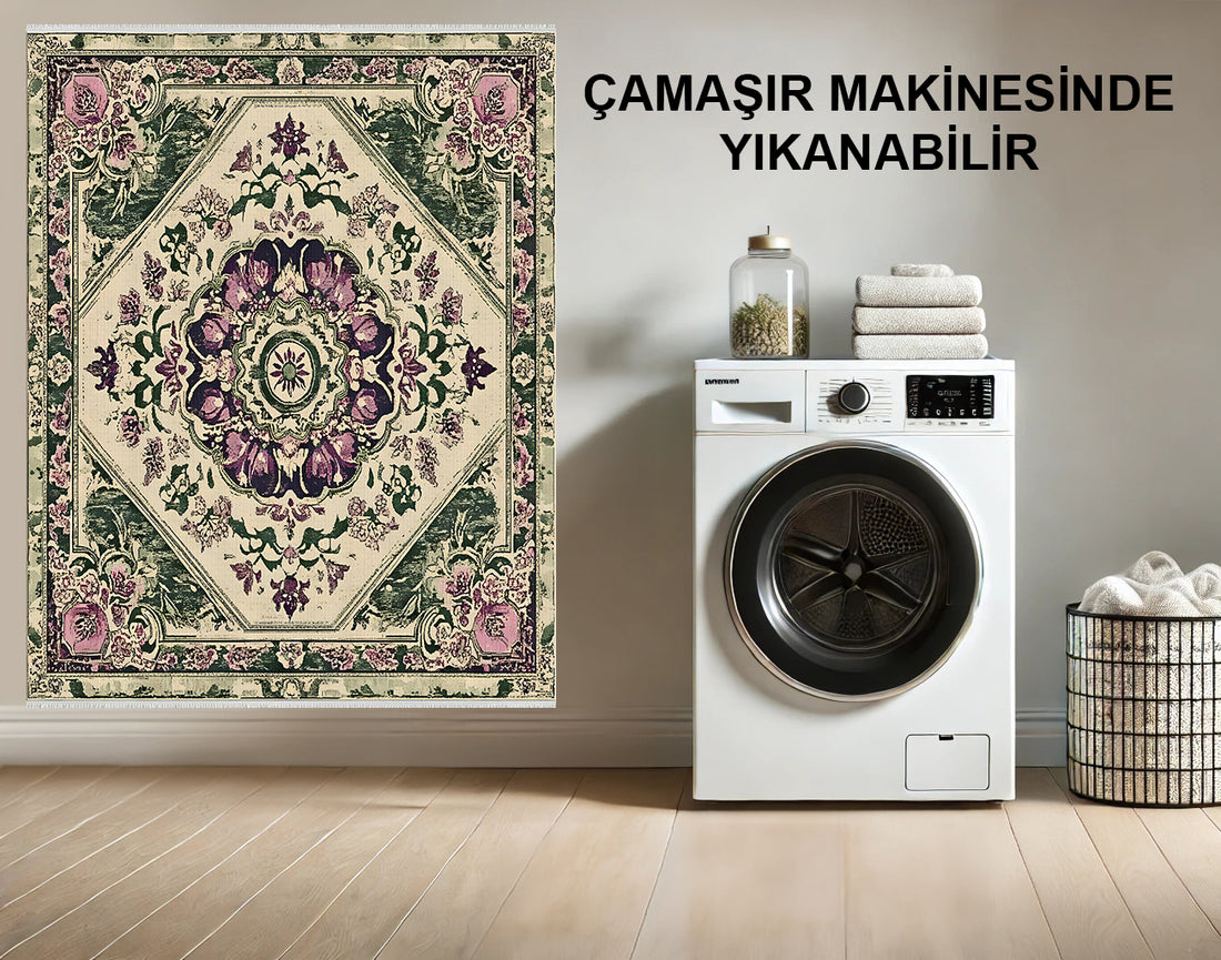 Yıkanabilir Vintage Çiçekli Madalyon Pamuk Halı