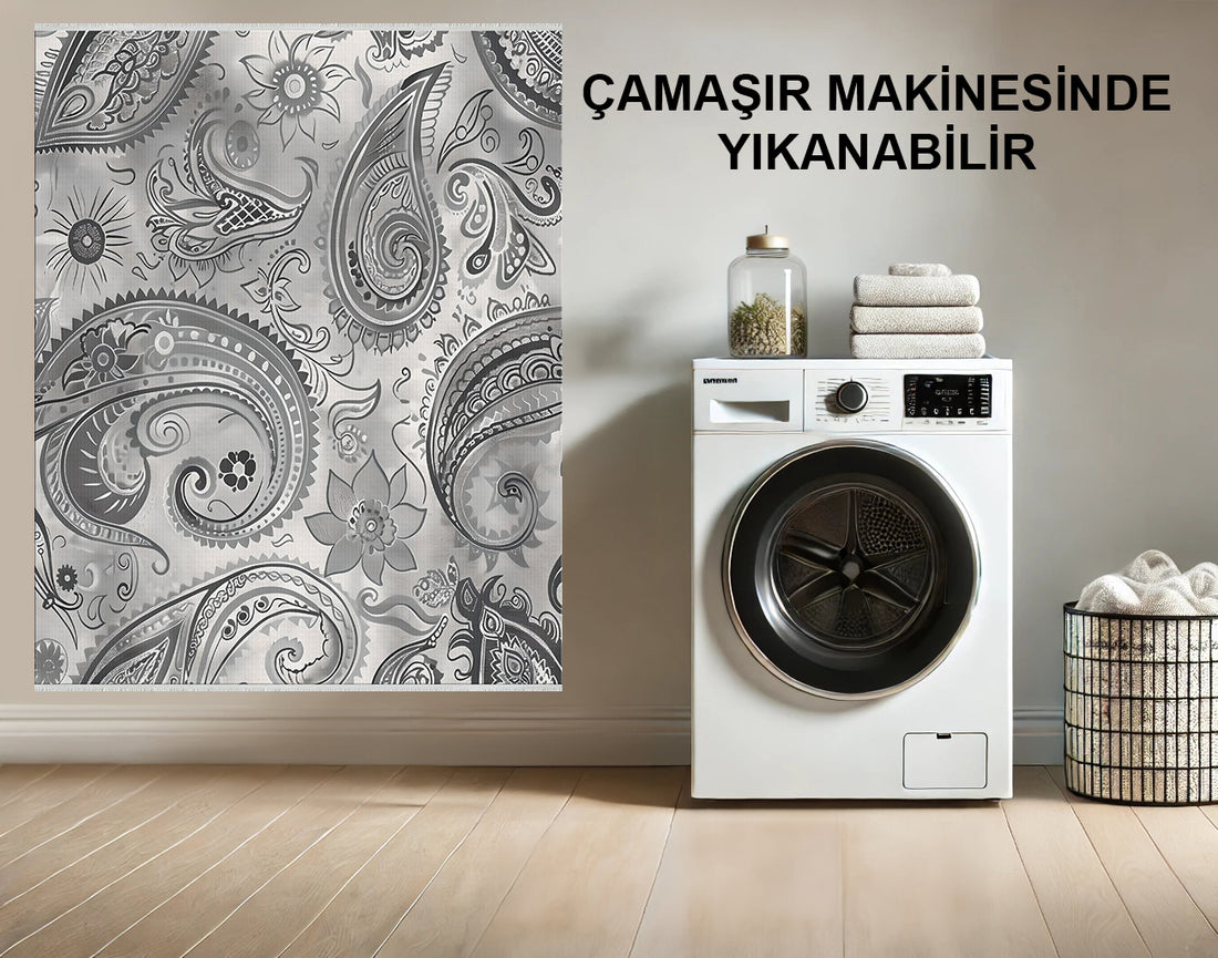 Damask Desenli Halı - Kaymaz, Makinede Yıkanabilir Gümüş ve Gri