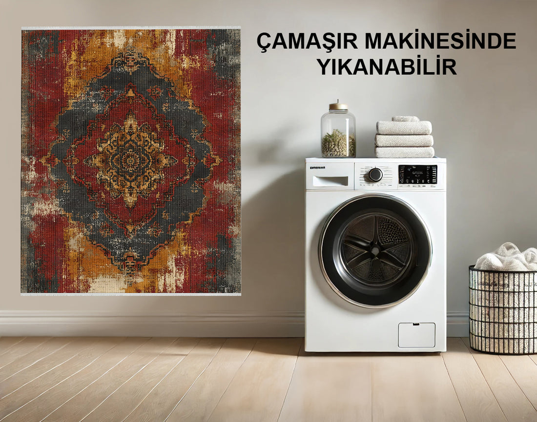 Rustik Geometrik Madalyon Halı - Kırmızı, Altın ve Siyah - Eskitilmiş Vintage Tasarım