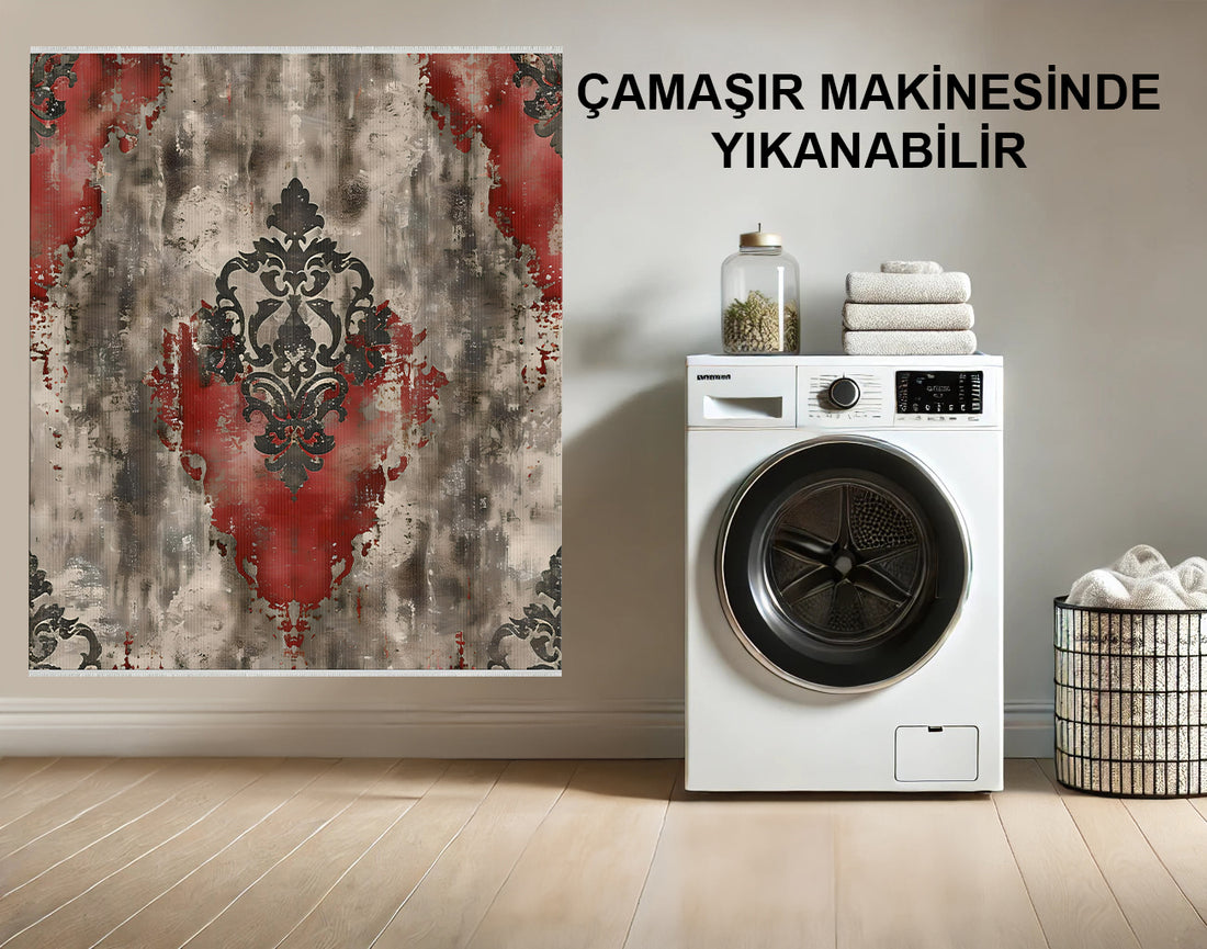 Gri ve Kırmızı Antik Stil Yıkanabilir Halı