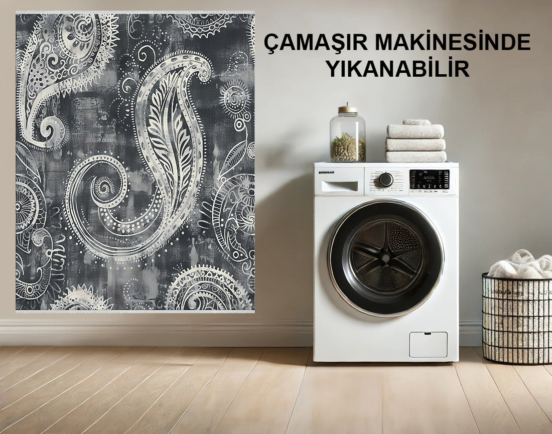 Damask  Desenli Halı - Kaymaz, Makinede Yıkanabilir Gri ve Fildişi