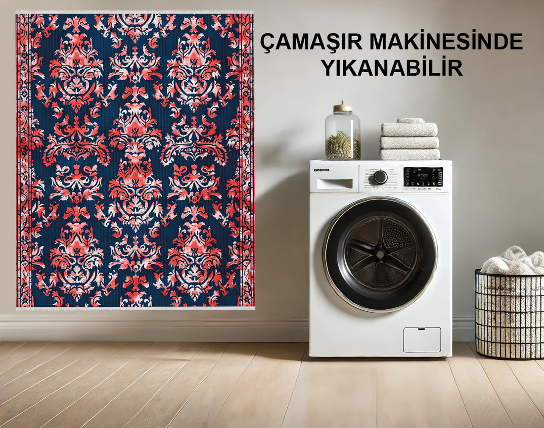 Mavi ve Kırmızı Türk Desenli Pamuklu Kilim