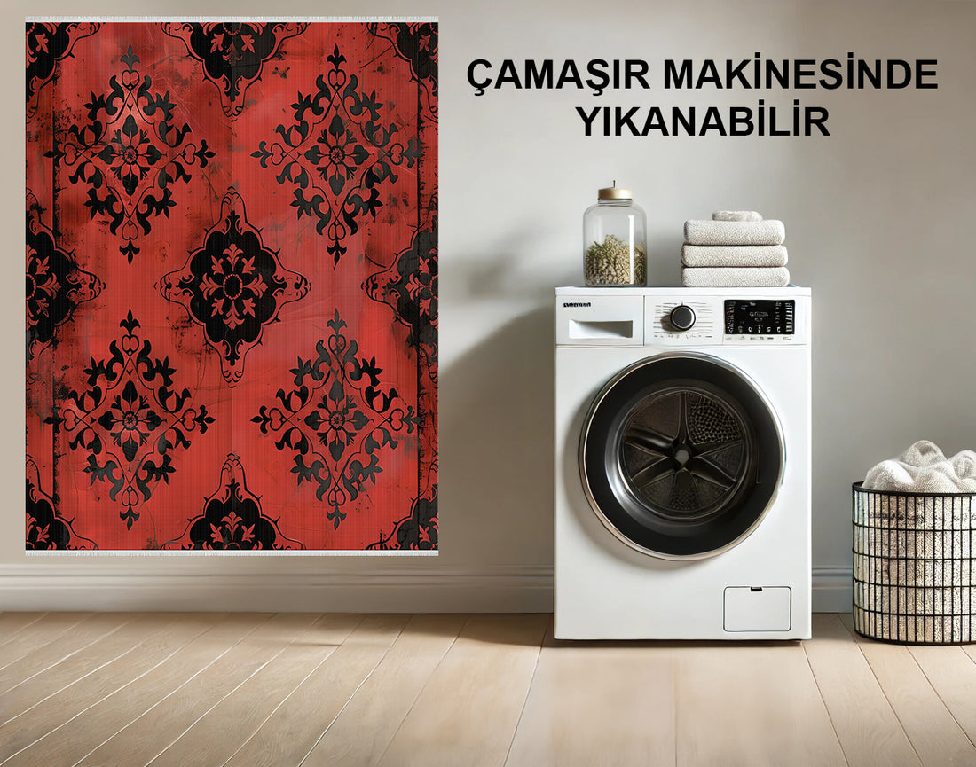 Damask Desenli Halı - Kırmızı ve Siyah