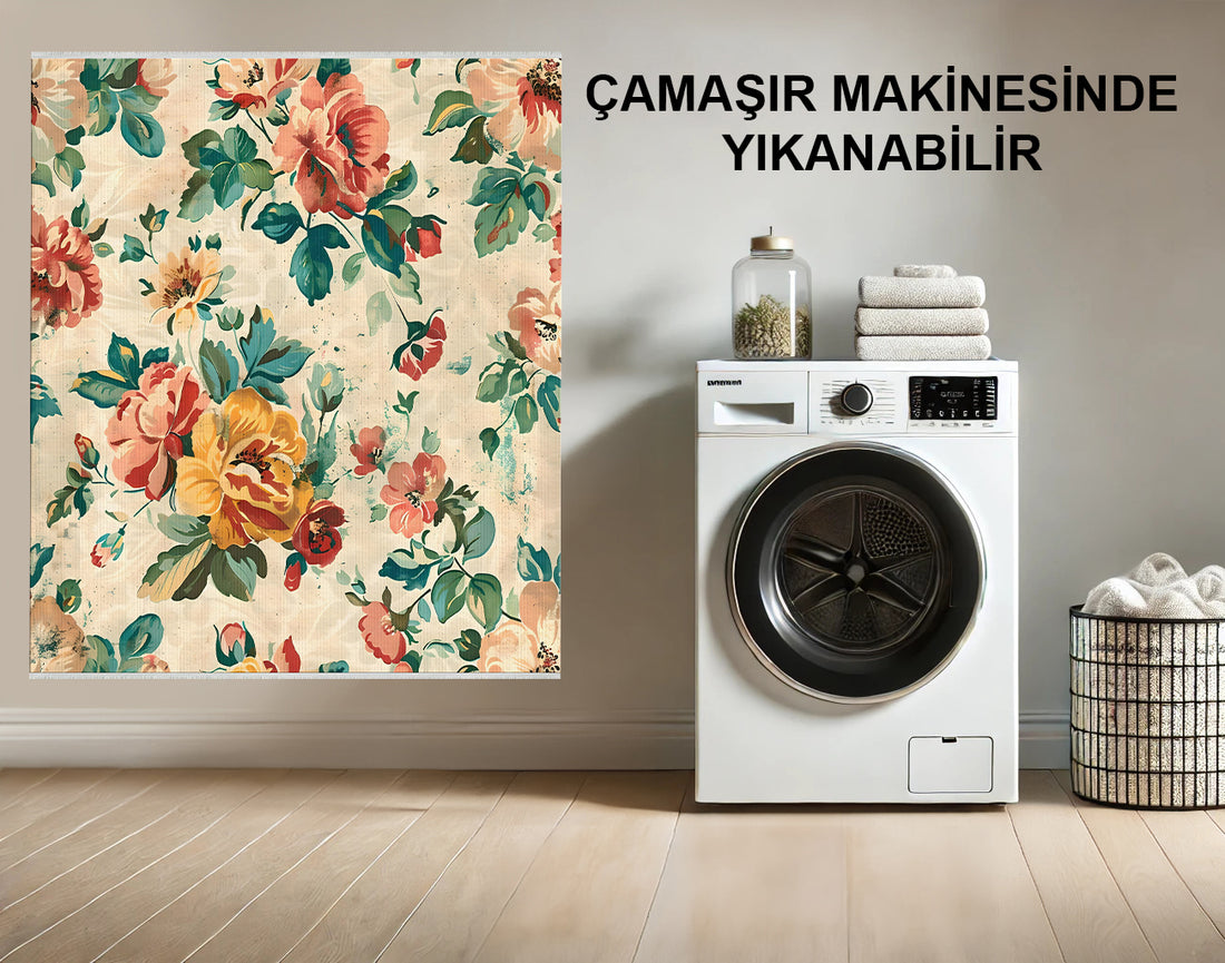 Krem Çiçekli Renkli Boho Halı