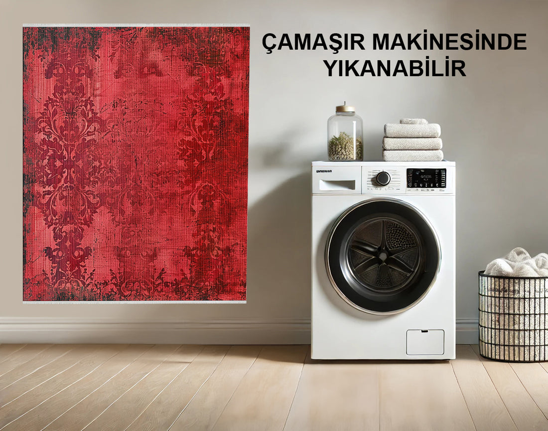 Kırmızı Eskitilmiş Damask Halı- Makinede Yıkanabilir, Kaymaz, Leke Tutmaz