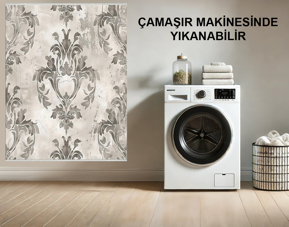 Eskitilmiş Fildişi ve Gri Damask Halı