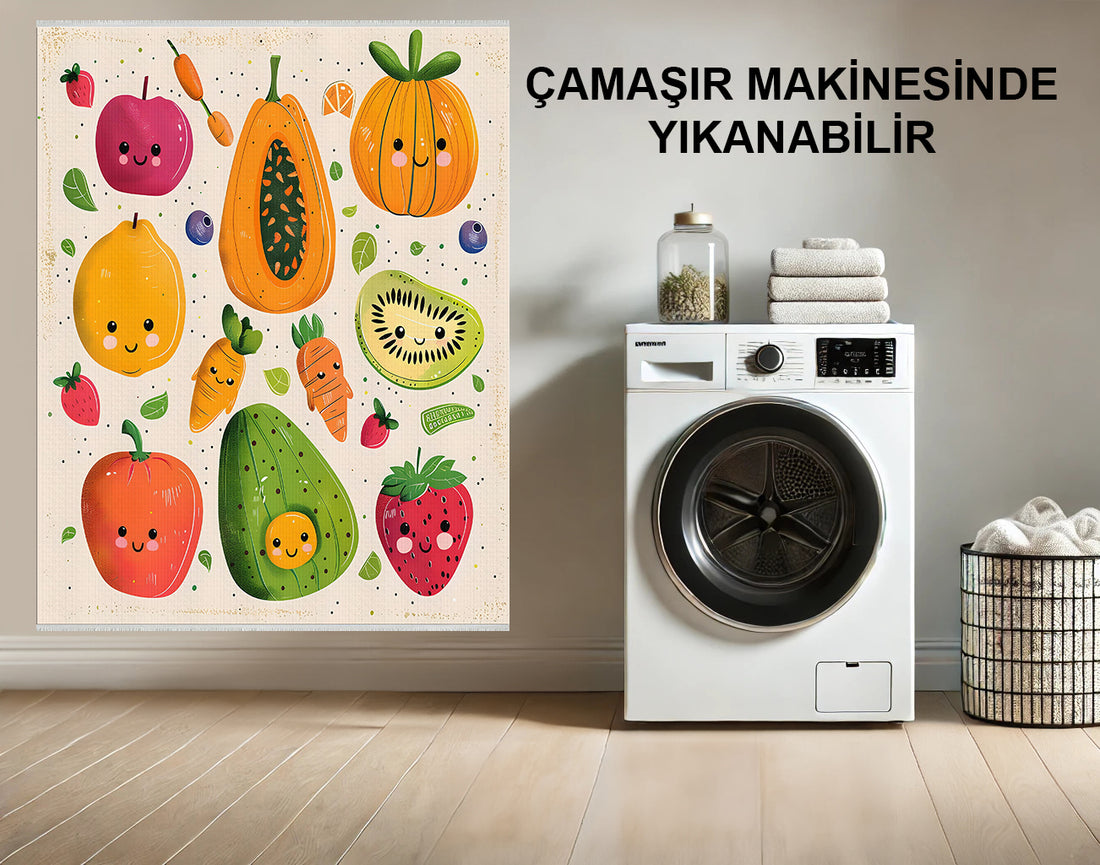 Eğlenceli Meyveler ve Sebzeler Temalı Çocuk Halısı, Yumuşak Pamuklu ve Makinede Yıkanabilir, Toz Ve Tüy Tutmayan Yapısı ile Sağlıklı Taban