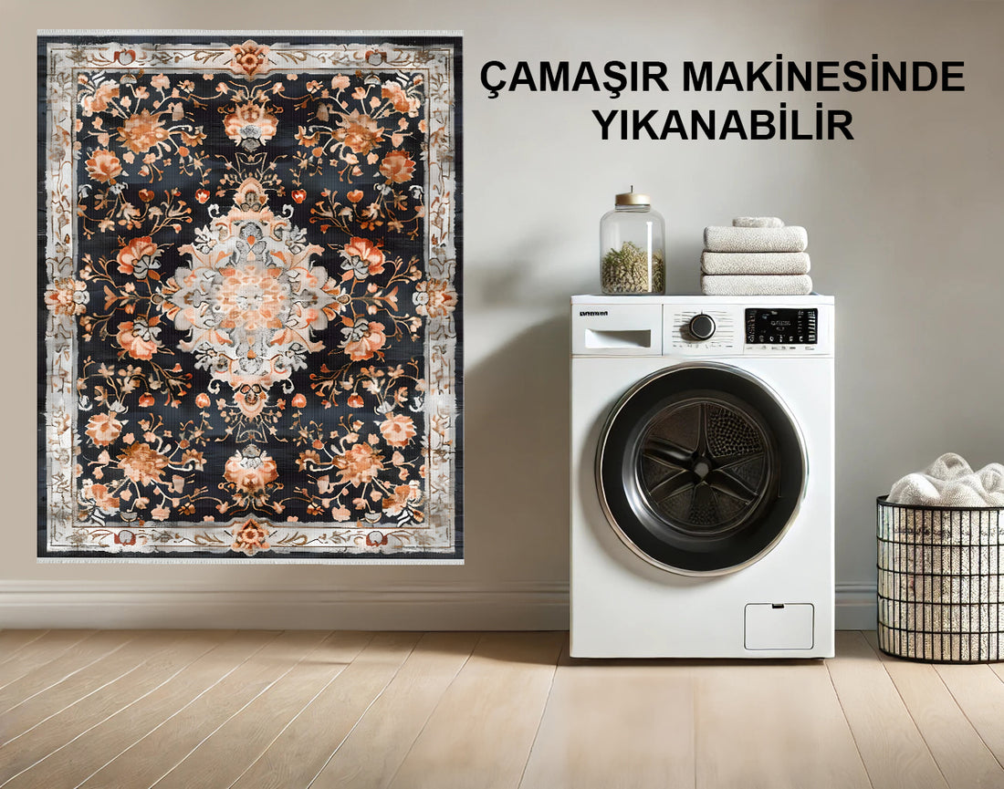 Mavi Ve Krem Çiçekli Tasarım Makinede Yıkanabilir Halısı