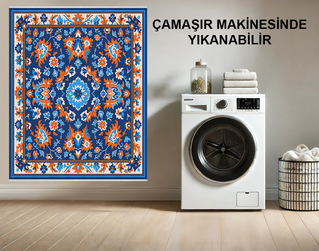 Canlı Çiçek Desenli Halı - Makinede Yıkanabilir, Kaymaz Mavi ve Turuncu