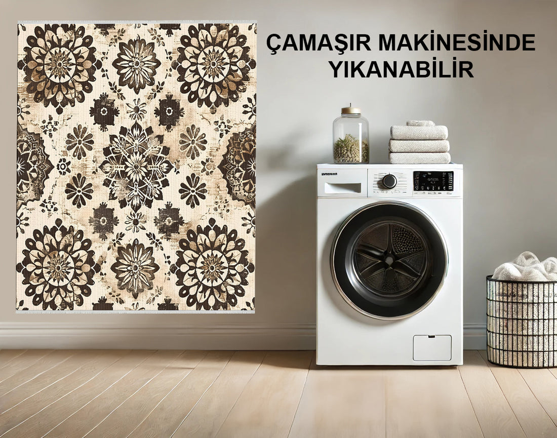 Çiçekli Mandala Desen Halı - Bej, Kahverengi ve Siyah - Vintage Çiçekli Tasarım