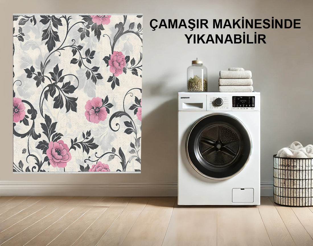 Makinede Yıkanabilir Pembe ve Gri Çiçekli Halı - Kaymaz, Kolay Temizlenir