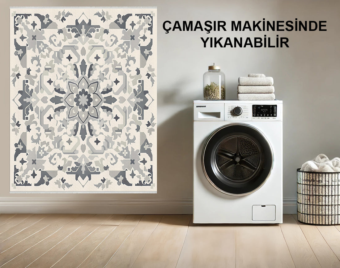 Geometrik Fas Halısı - Makinede Yıkanabilir, Kaymaz Gri ve Krem