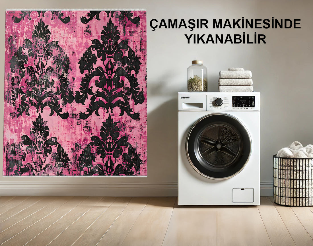 Pembe ve Siyah Damask Sıkıntılı Desenli Halı