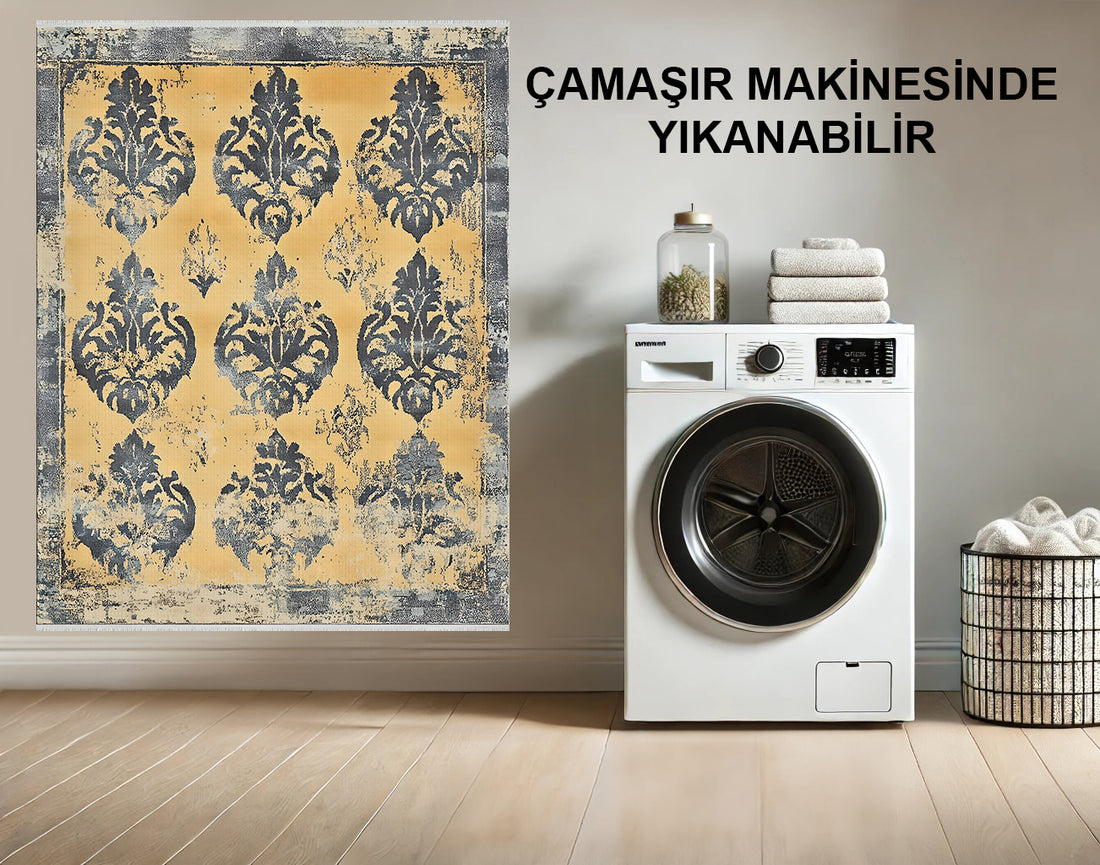 Damask Tarzı Halı, Sarı ve Gri Tonları, Makinede Yıkanabilir ve Kolay Temizlenebilir - Robot Makineye  Uygun