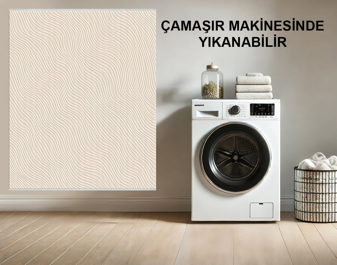 Yıkanabilir Halı - Fildişi ve Bej - Minimalist Bir Görünüm İçin Yumuşak, Akıcı Tasarım