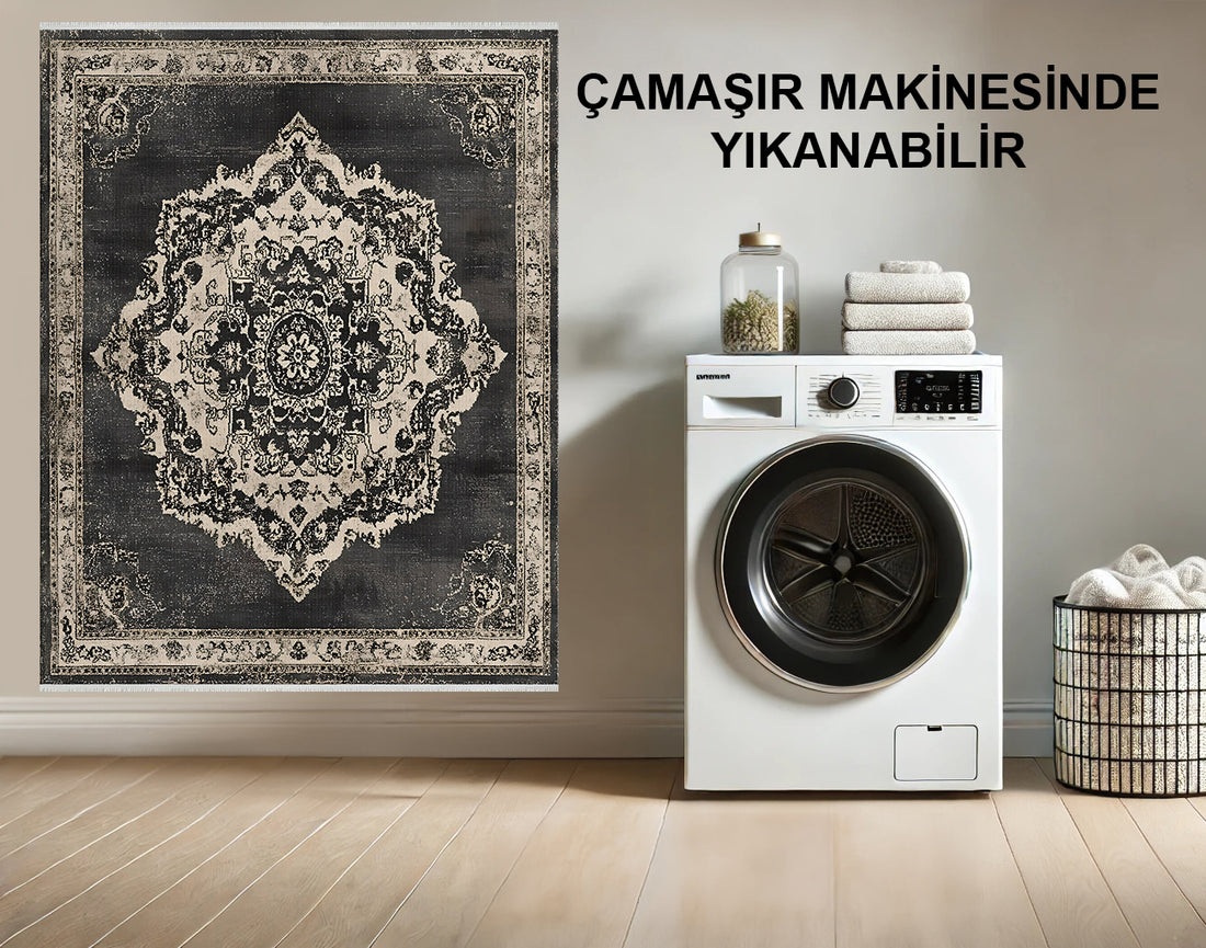 Pamuk Dokumalı ve Makinede Yıkanabilir Vintage Siyah ve Krem Halı