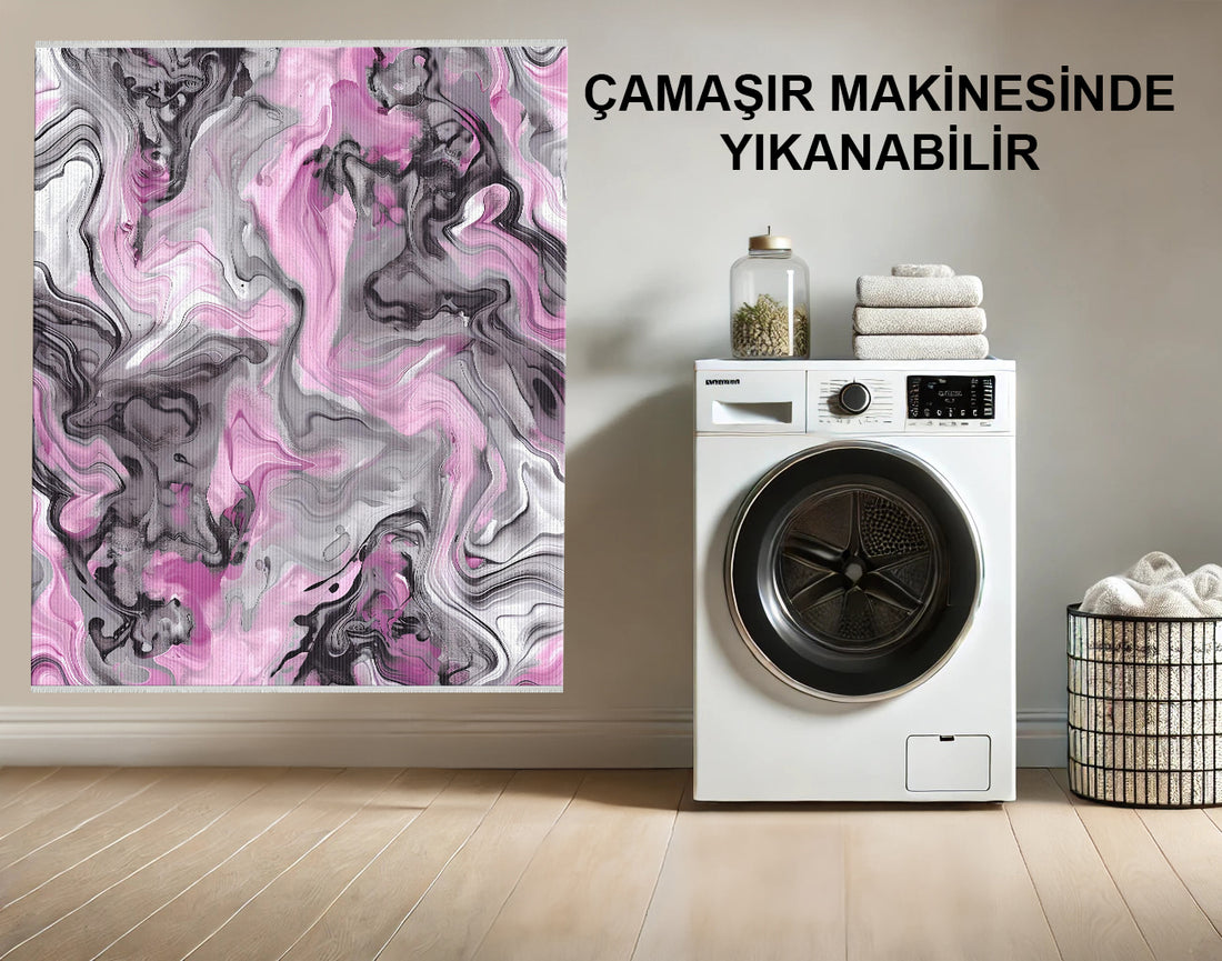 Mermer Desenli Ve Akışlı Stil Halı - Pembe, Gri ve Siyah - Modern Soyut Tasarım