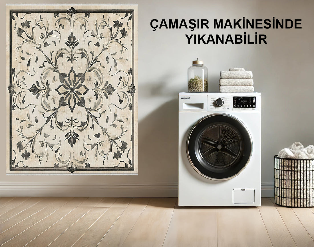 Bej ve Siyah Süslü Damask Desenli Halı