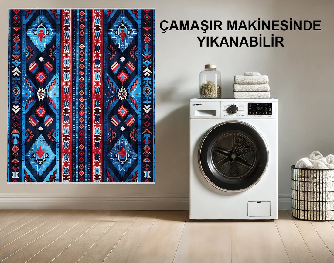 Güneybatı Kabile Halısı - Mavi, Kırmızı ve Lacivert Geometrik Desen - Makinede Yıkanabilir