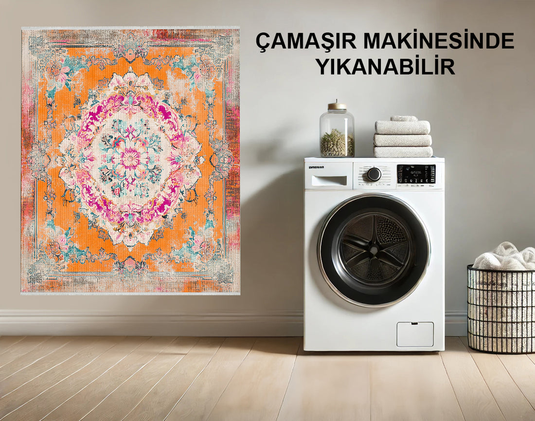 Cesur Çiçekli Madalyon Halı - Turuncu ve Pembe - Eskitilmiş Vintage Tasarım