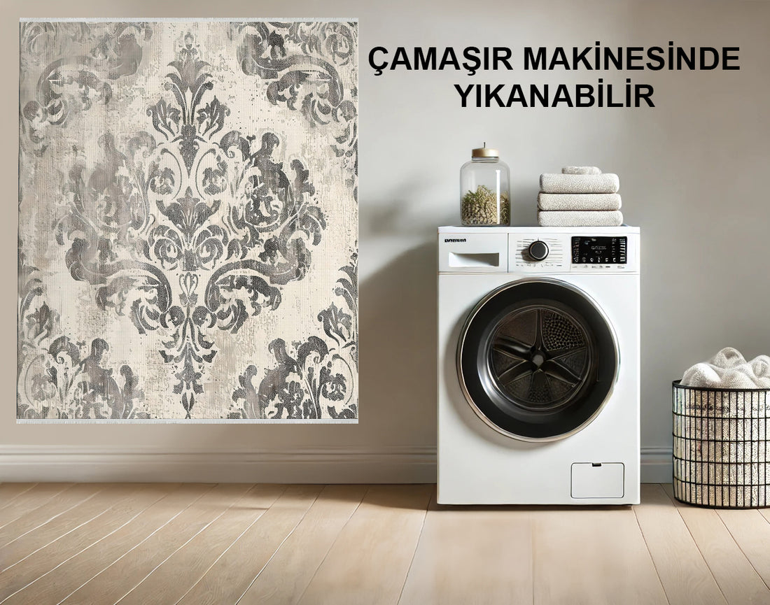 Fildişi ve Gümüş Damask Halı - Makinede Yıkanabilir