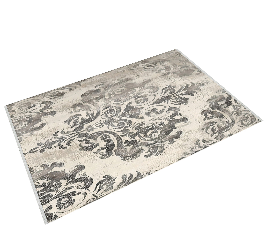 Fildişi ve Gümüş Damask Halı - Makinede Yıkanabilir