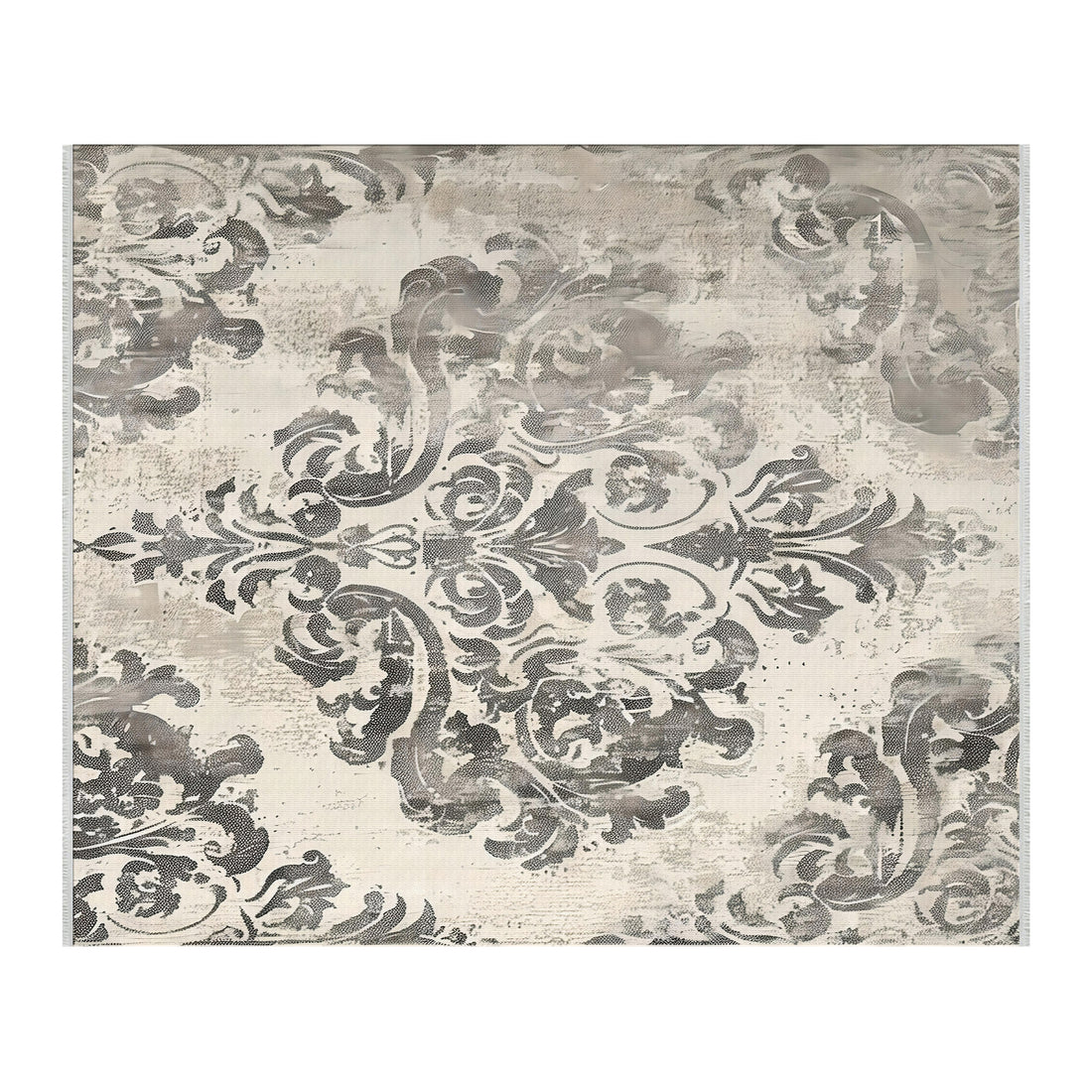 Fildişi ve Gümüş Damask Halı - Makinede Yıkanabilir