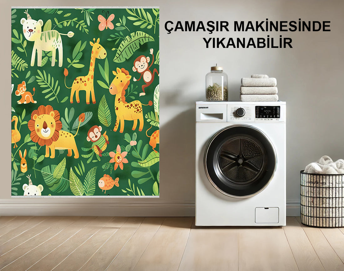 Canlı Orman Hayvanları ile Safari Temalı Çocuk Halısı, Makinede Yıkanabilir ve Yumuşak Pamuk Dokulu