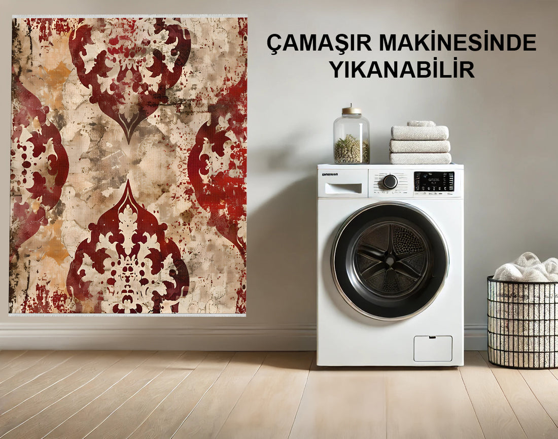 Krem ve Kırmızı Damask Yıkanabilir Halı