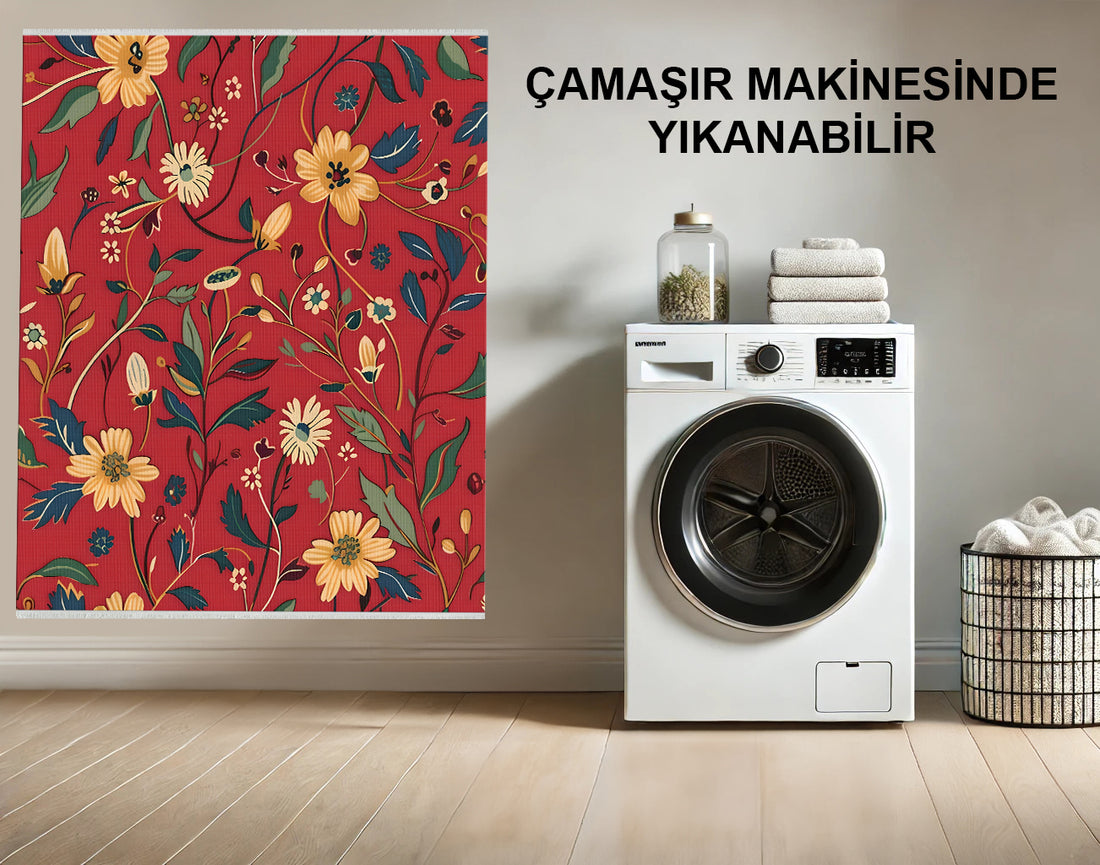 Kırmızı ve Çiçekli Boho Tarzı Yumuşak Pamuk Dokuma Halı