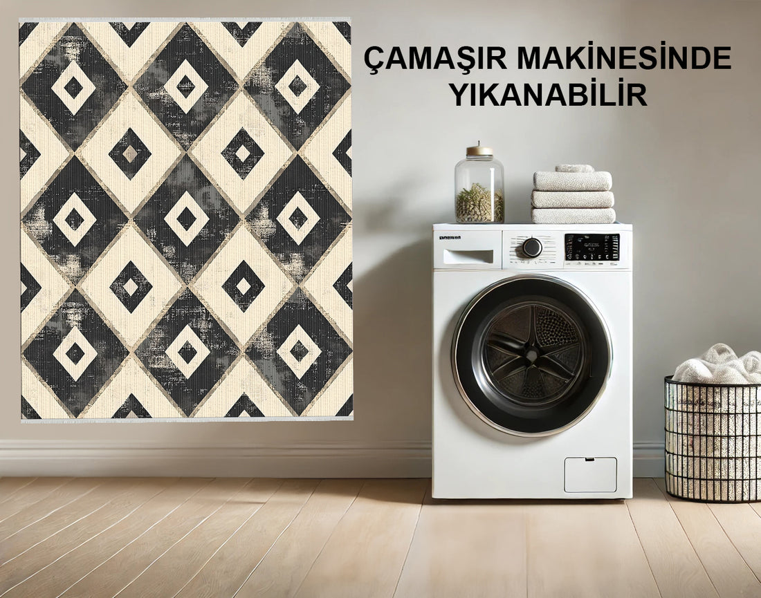 Modern Geometrik Siyah ve Krem Halı